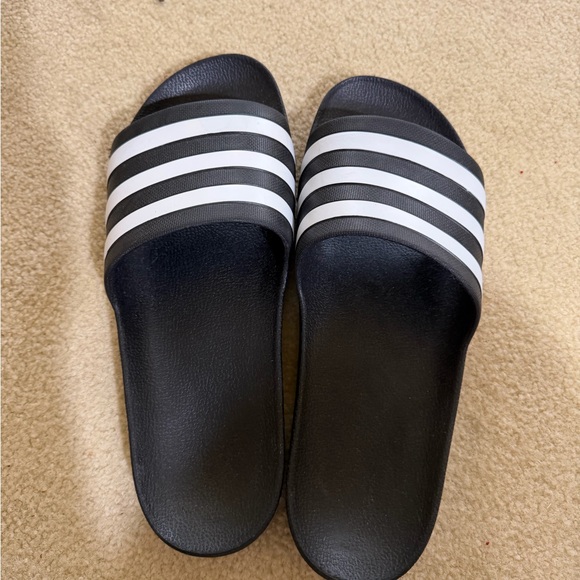 adidas Other - Black Addias Slide Sandals with White Stripes